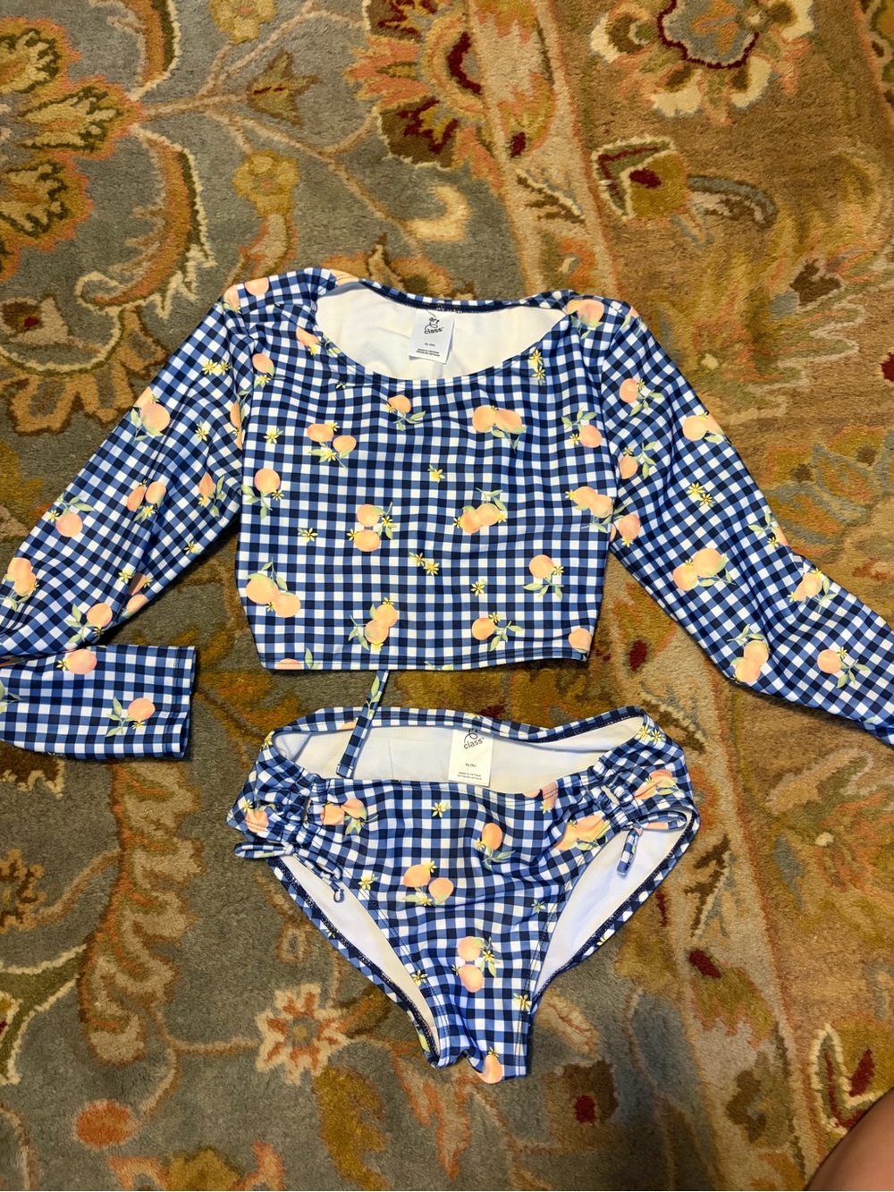 art class Blue Gingham Rash Guard Set with Peach Print